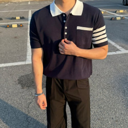 THOM BROWNE 톰브라운 사선완장 배색 카라 반팔니트 2COLOR
