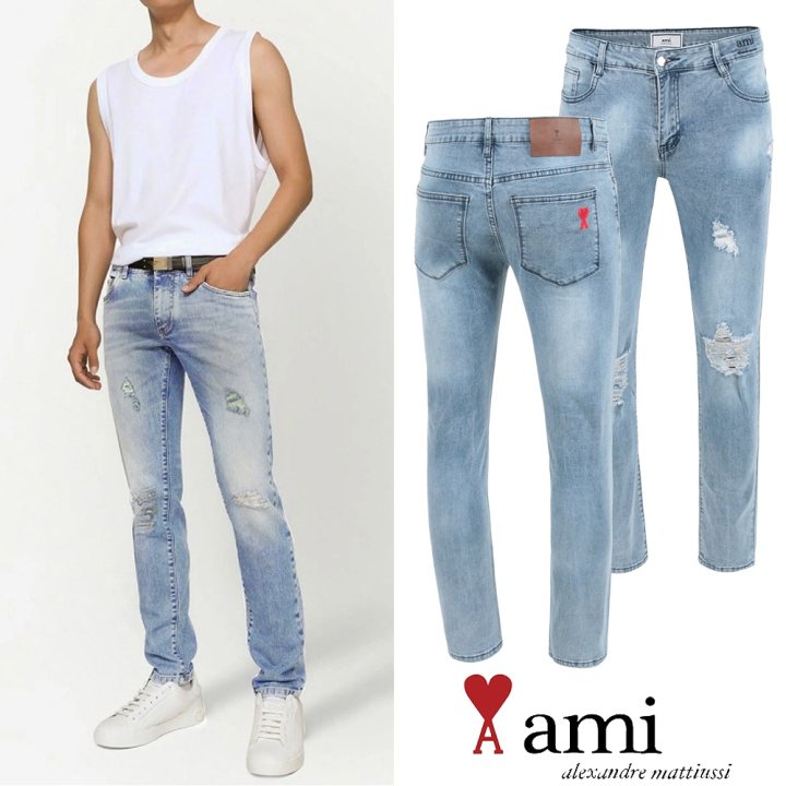 AMI 아미 레터링 데미지 워싱 슬림진