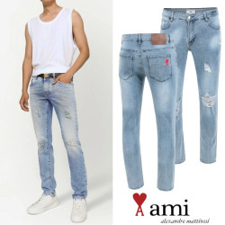 AMI 아미 레터링 데미지 워싱 슬림진