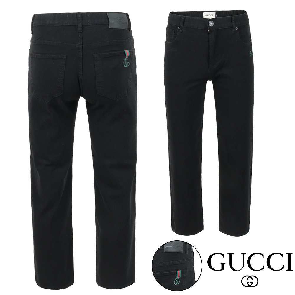 GUCCI 구찌 시그니처 자수 팁 블랙 스트레이트진