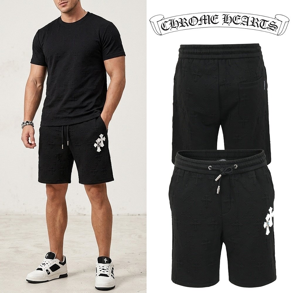 CHROME HEARTS 크롬하츠 레더 크로스 엠보 하프 팬츠