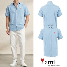 AMI 아미 드 꾀흐 오버핏 연청 데님 하프셔츠