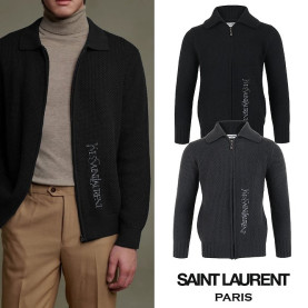 SAINT LAURENT 생로랑  레터링 자수 와플 니트 집업