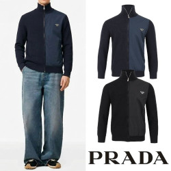 PRADA 프라다 클래식 우븐 배색 울니트 집업