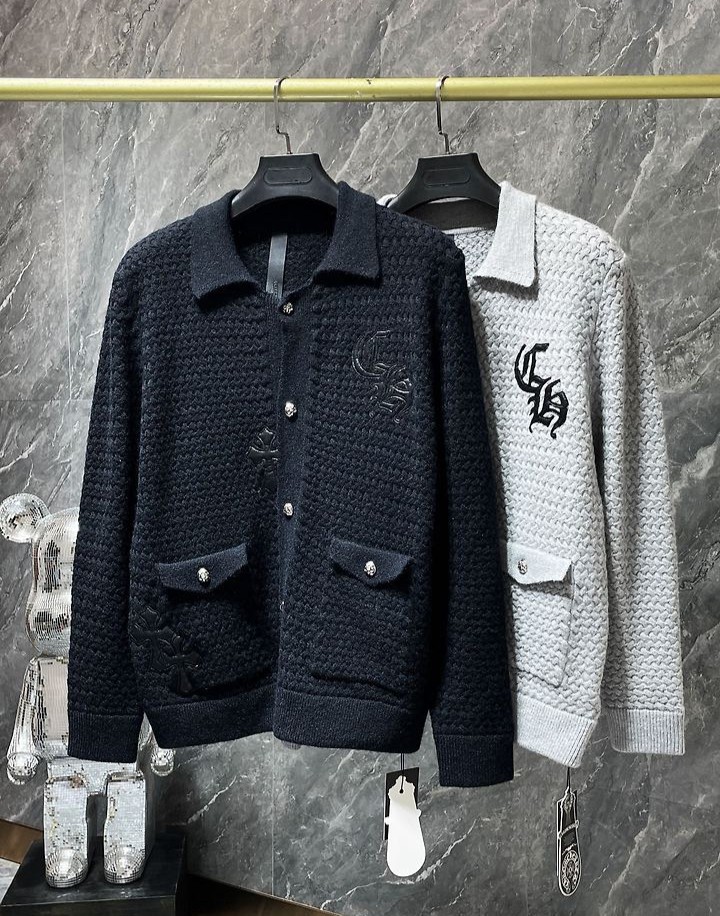 CHROME HEARTS 크롬하츠 7015 레더 크로스 와플 니트 가디건