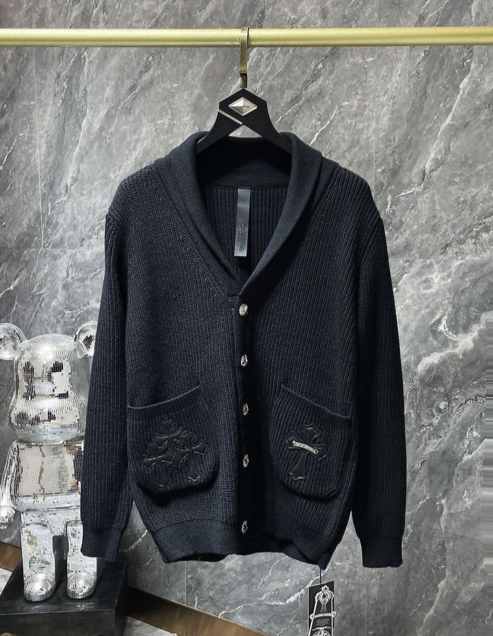 CHROME HEARTS 크롬하츠 7016 세메터리 레더 크로스 숄 카라 니트 가디건 　