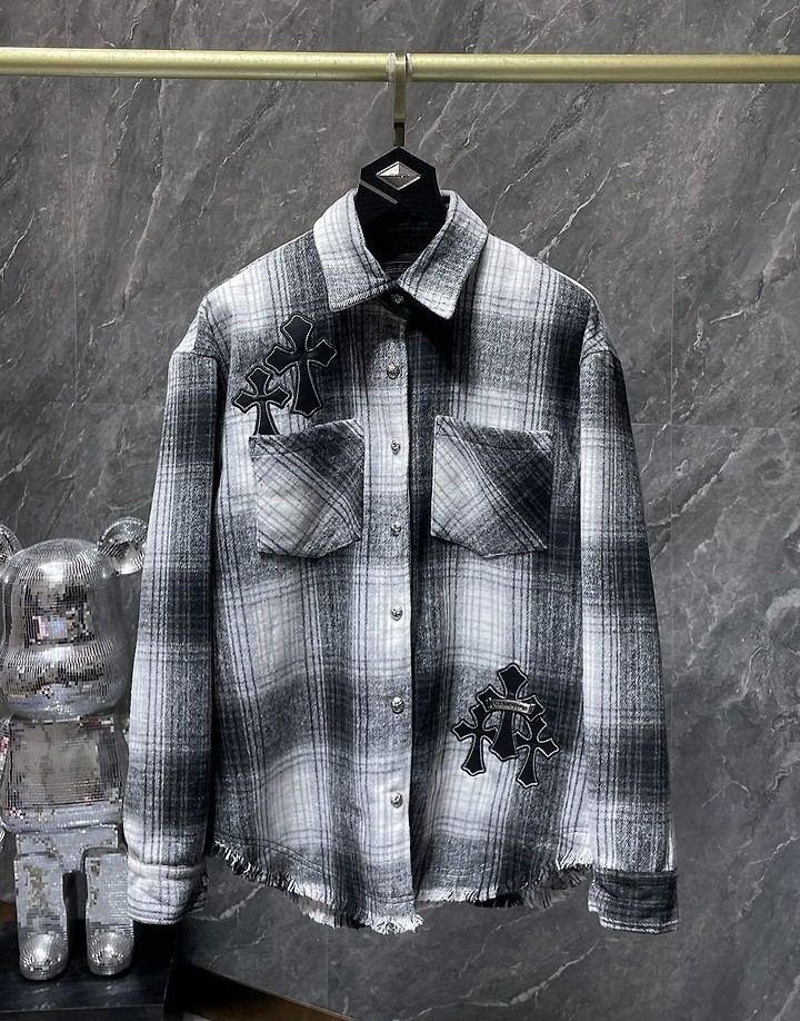 CHROME HEARTS 크롬하츠 7058 크로스 플뢰르 디스트로이드 체크 셔츠 자켓